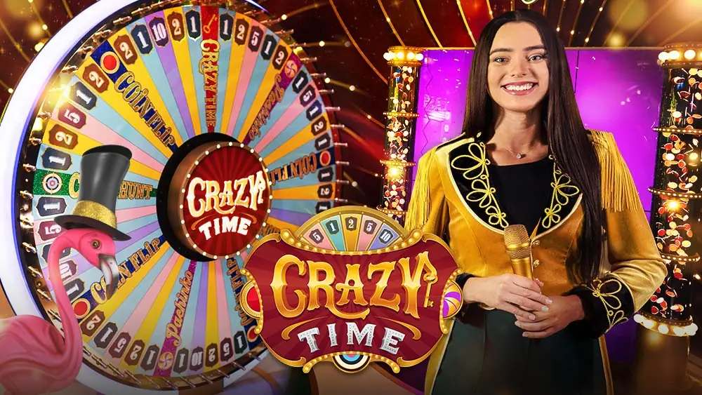 Crazy Time live game show host at the wheel